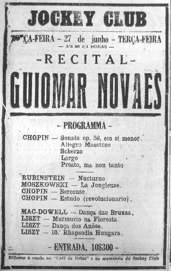 Programa de recital de Guiomar Novaes no Jockey Club