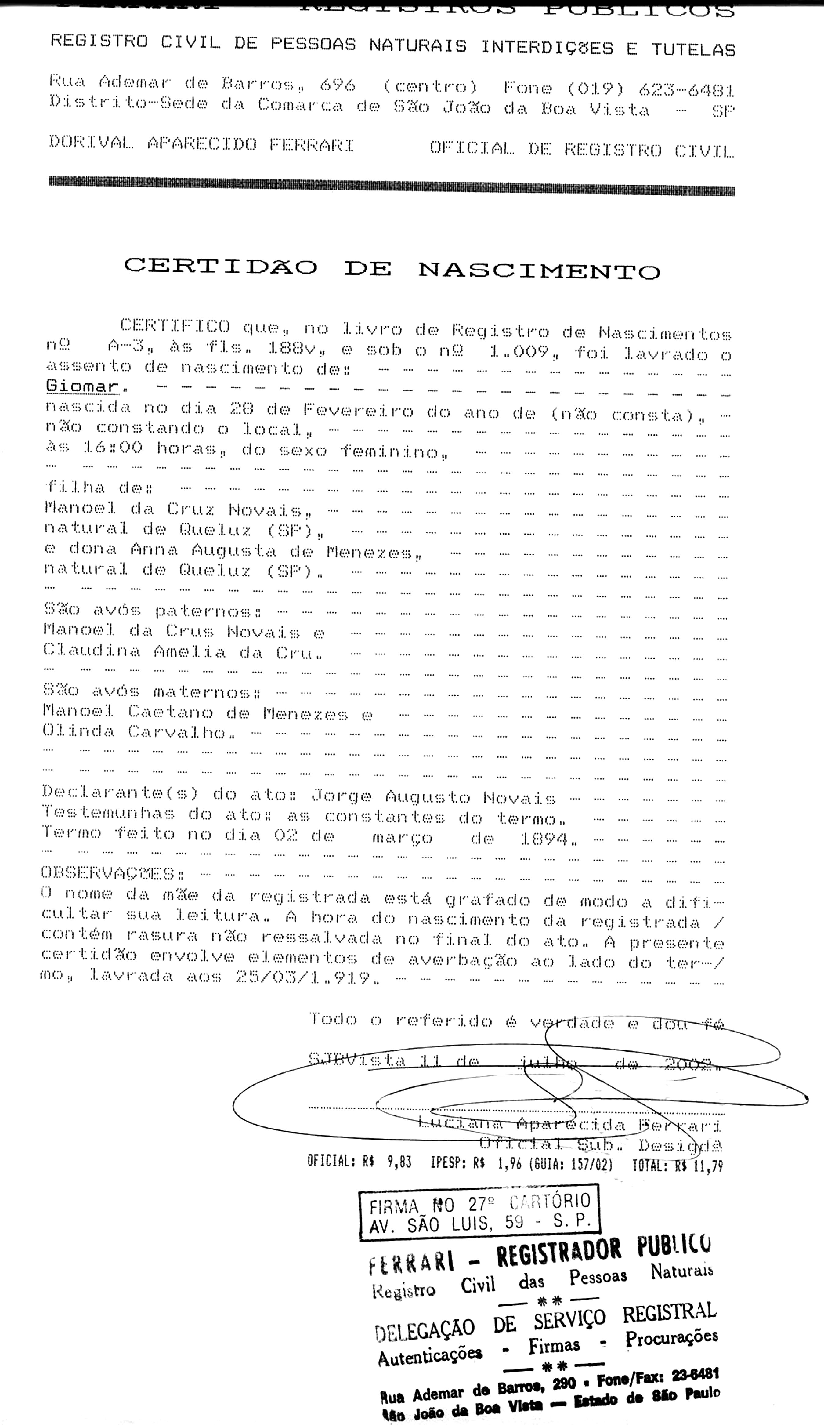 Certidão de nascimento de Guiomar Novaes