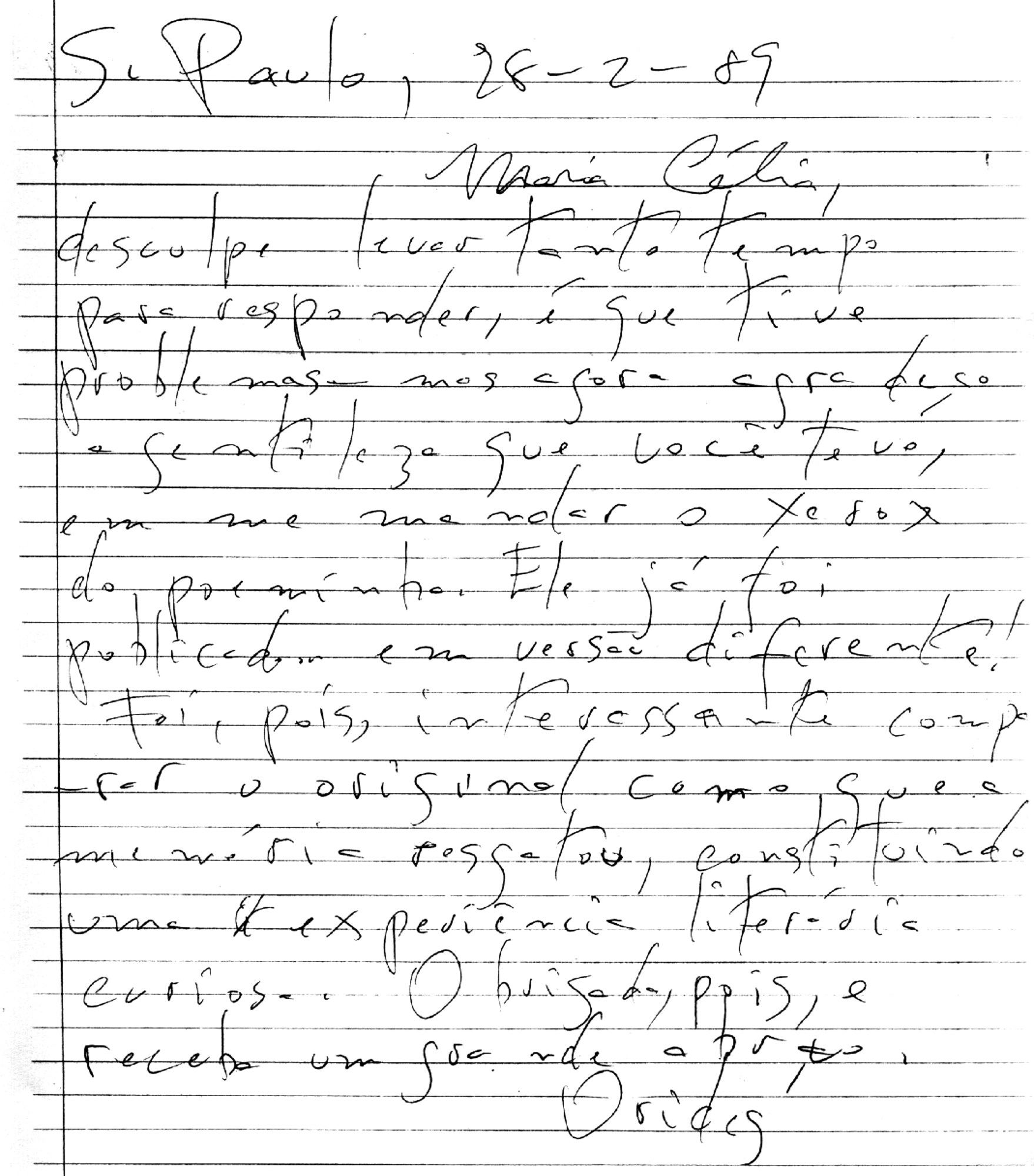 Carta de Orides Fontela para Maria Célia