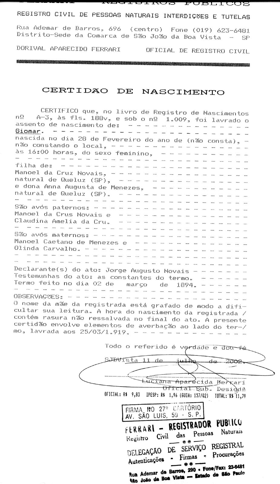 Certidão de nascimento de Guiomar Novaes