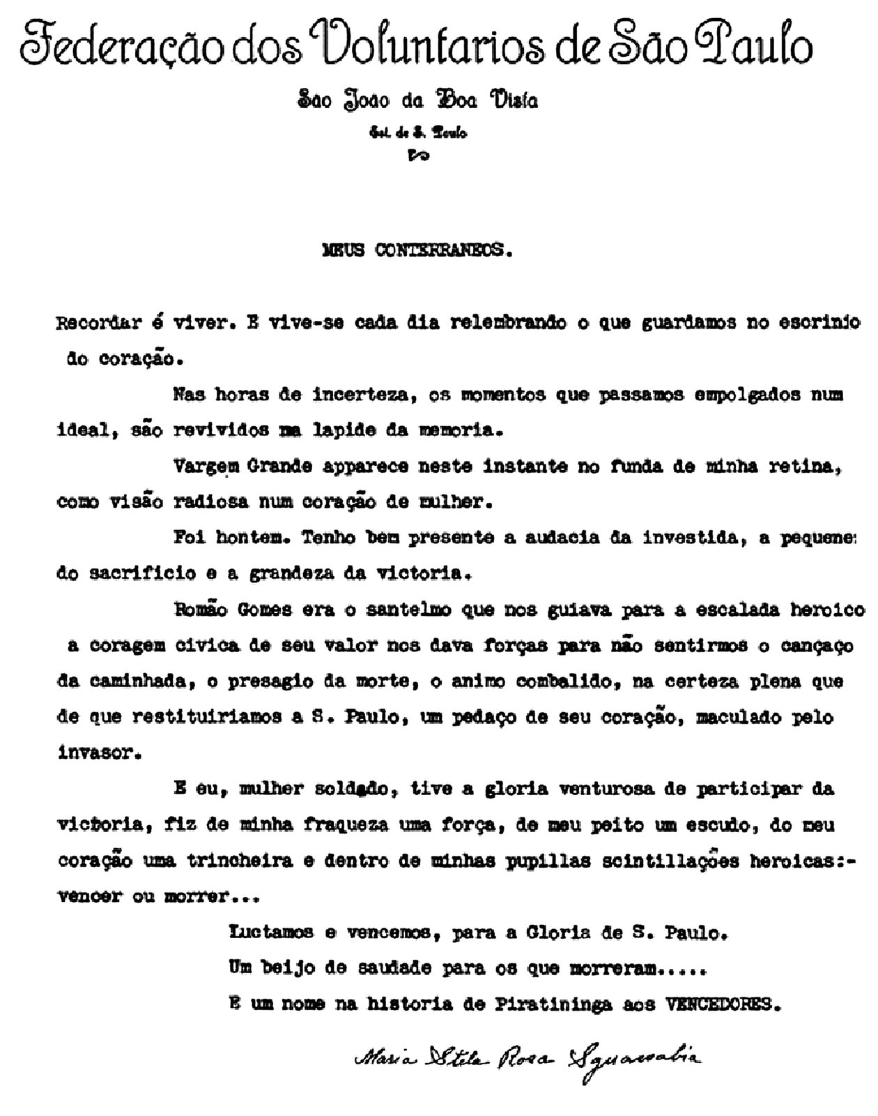 Carta de Maria Sguassábia em homenagem aos soldados de 1932