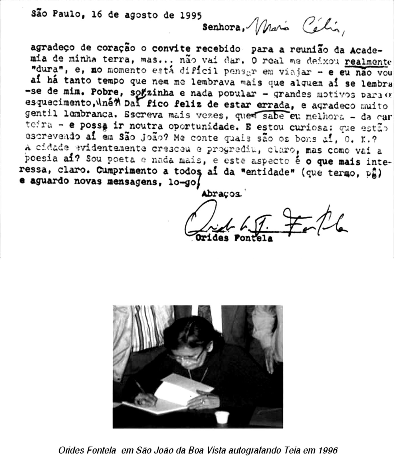 Carta de Orides Fontela datada de 1995