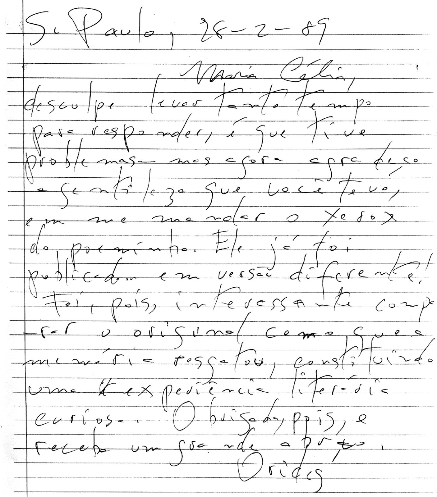 Carta de Orides Fontela para Maria Célia