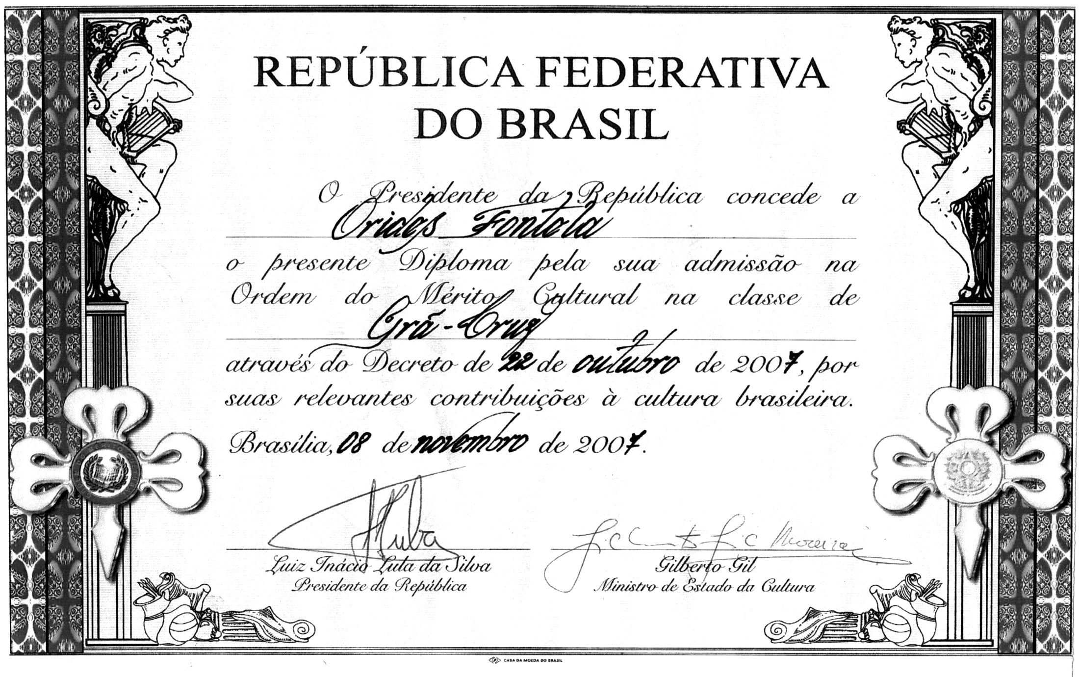 Diploma da Ordem do Mérito Cultural concedida a Orides Fontela
