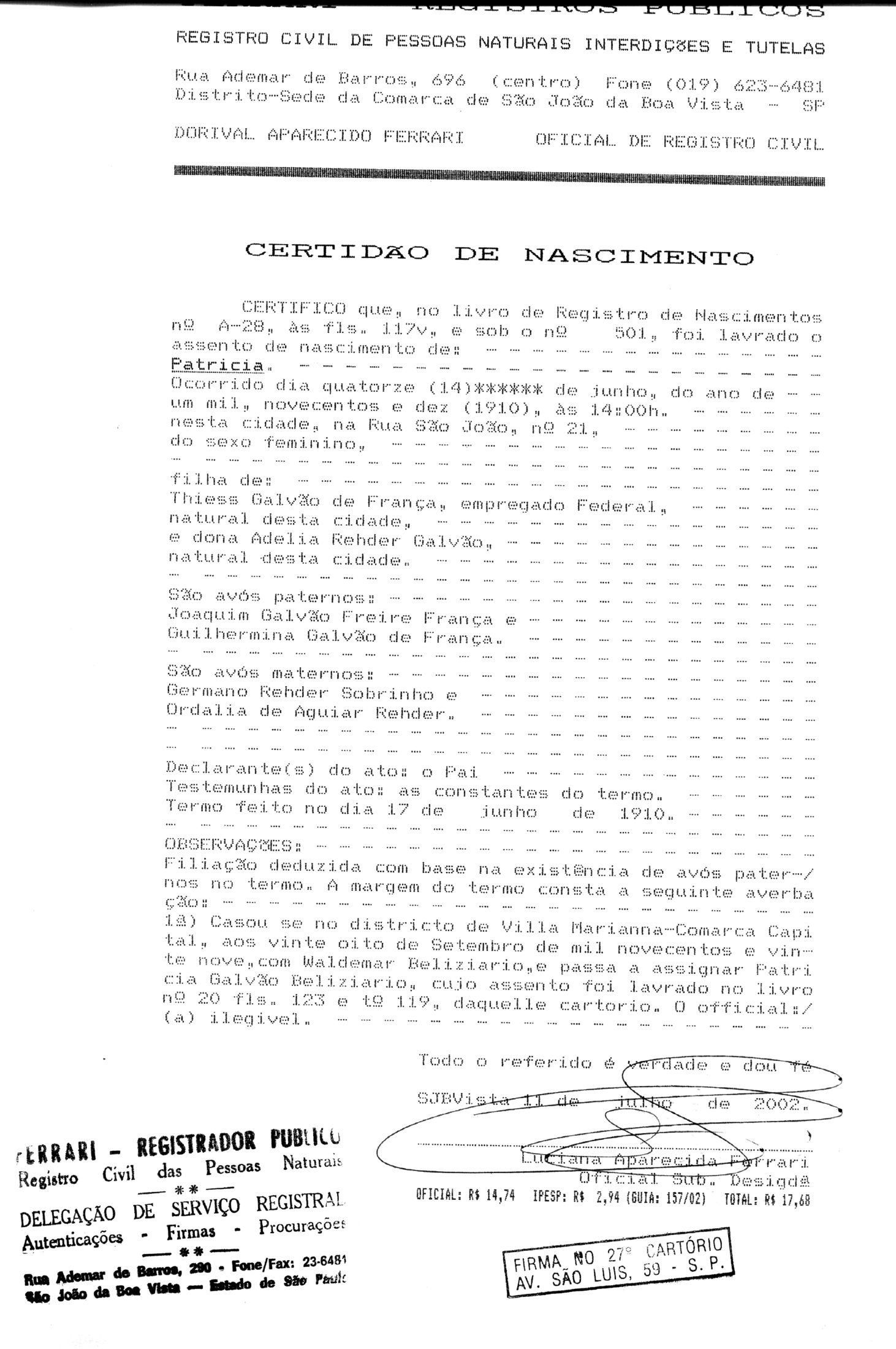 Certidão de nascimento de Pagu